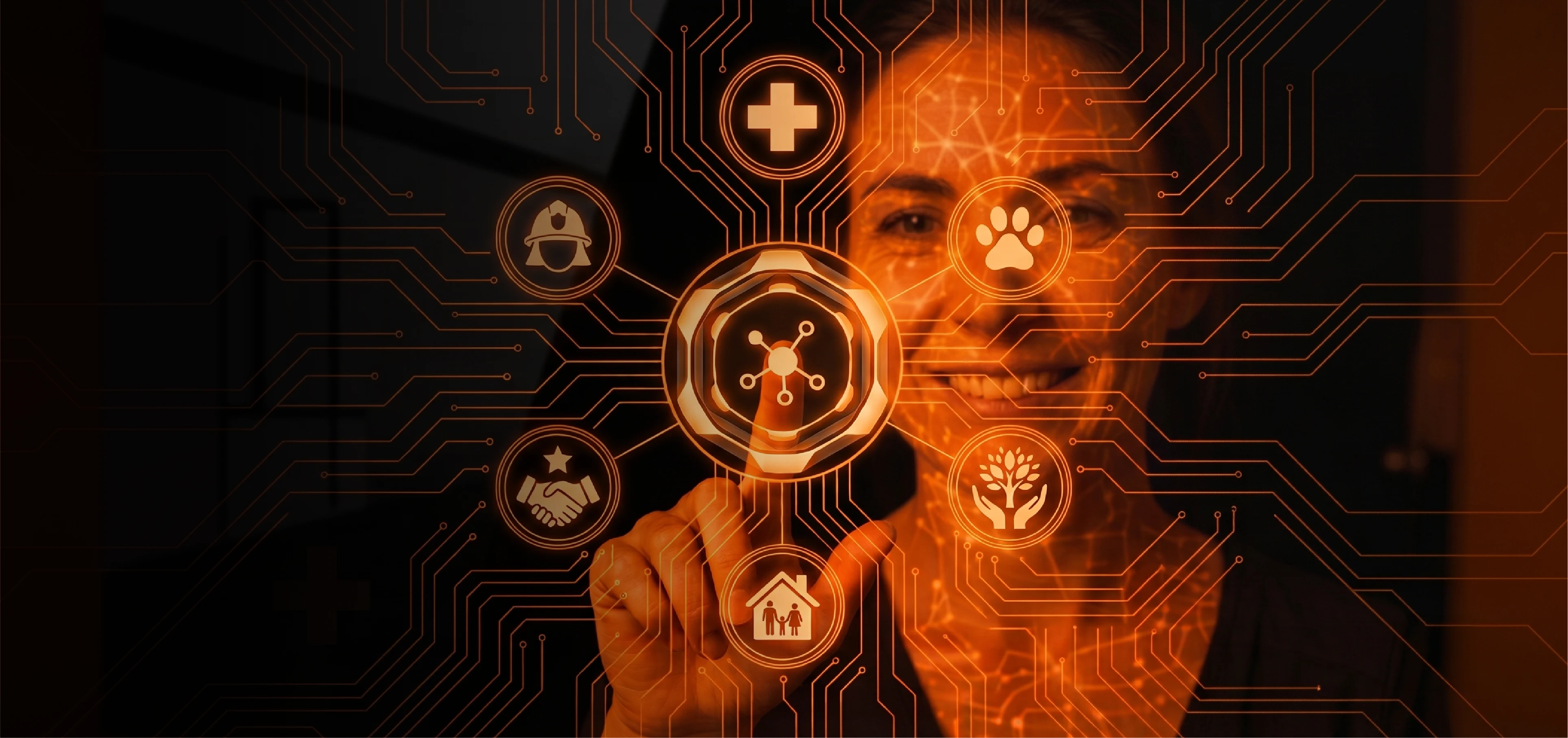 Profesional de la salud rodeada de símbolos de protección, comunidad y tecnología