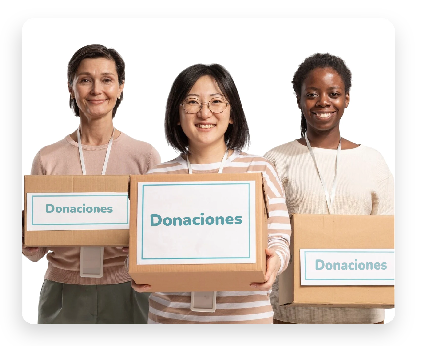 Tres captadoras sosteniendo cajas de donaciones